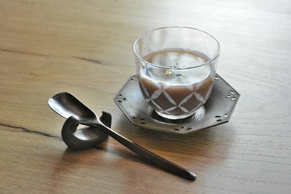 大正浪漫硝子「冷茶・つなぎ格子」×八角茶托×水鳥箸置き×水ようかん<廣田硝子×鈴木盛久工房>
