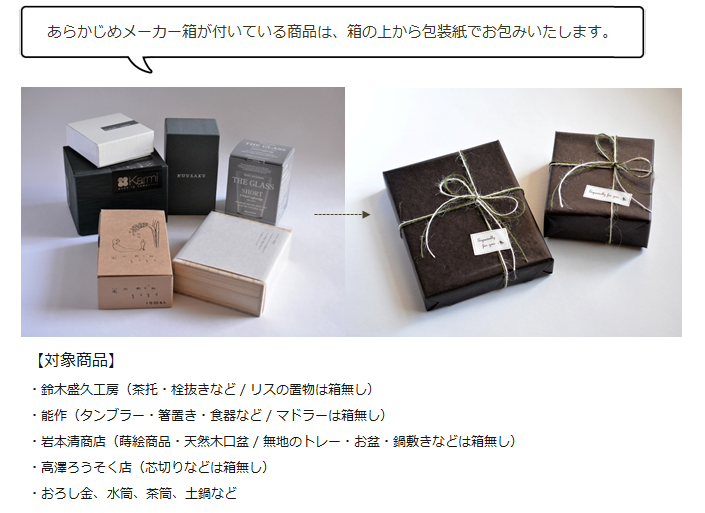 あらかじめメーカー箱が付いている商品は、箱の上から包装紙でお包みいたします|暮らしのほとり舎