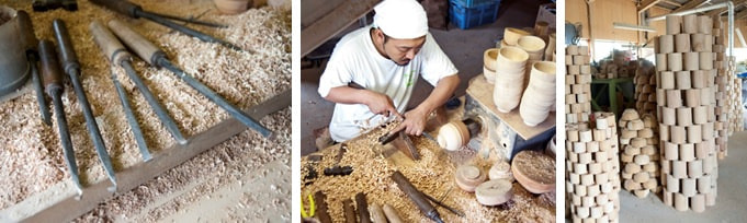 山中轆轤で使われる鉋と作業風景<モクネジ>