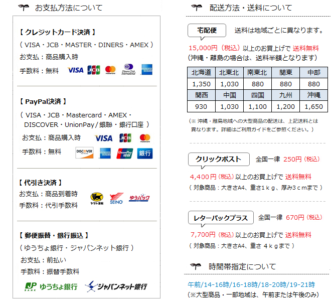 お支払方法・配送方法等について